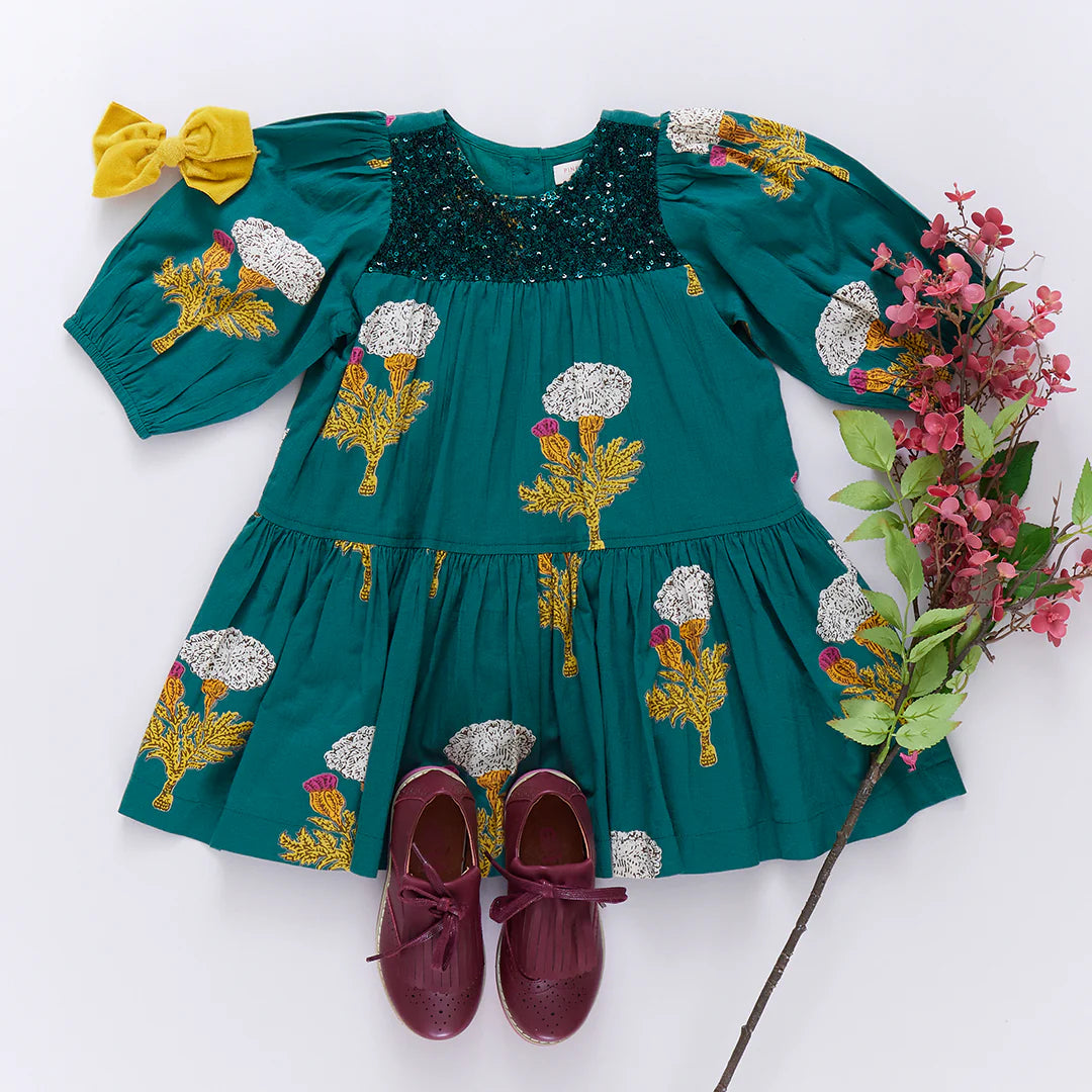 Girls Fiona Dress Emerald Marigold