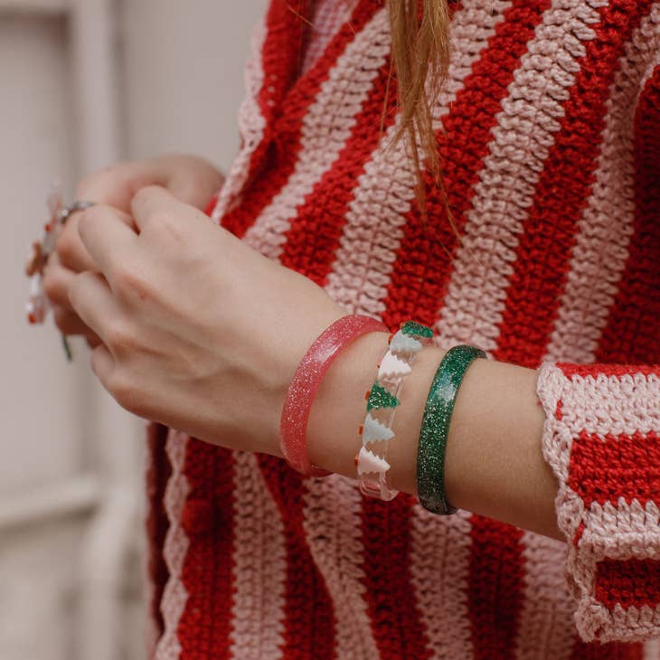 Multi Christmas Tree Glitter Pink + Green Bangle Set