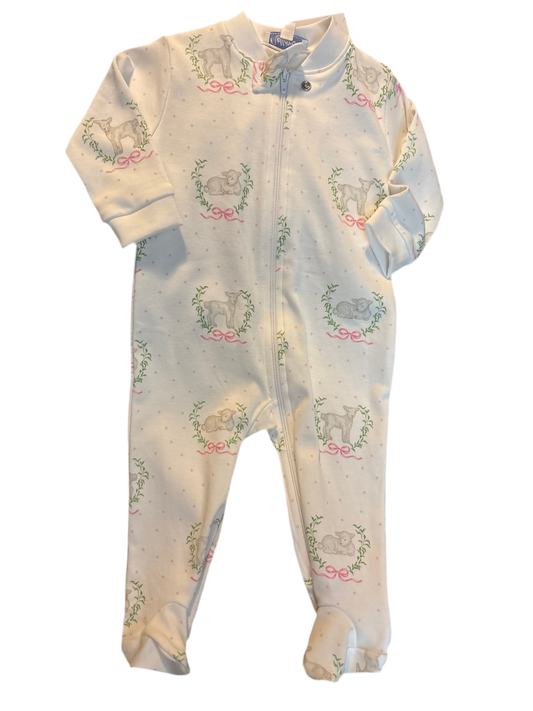 Pink Lamb Print Smocked Footie