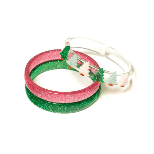 Multi Christmas Tree Glitter Pink + Green Bangle Set