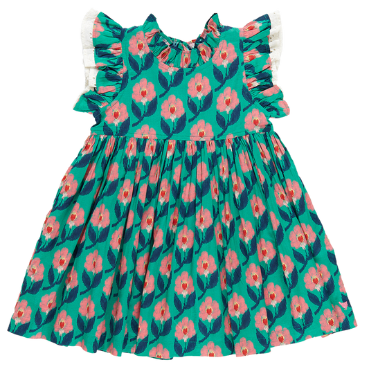 Girls Leila Dress - Green Ikat Floral