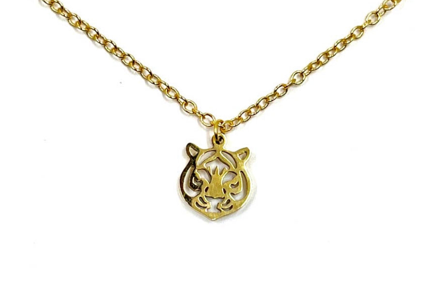 Tiger Necklace, Simple Gold Necklace, Tiger Pendant 16in